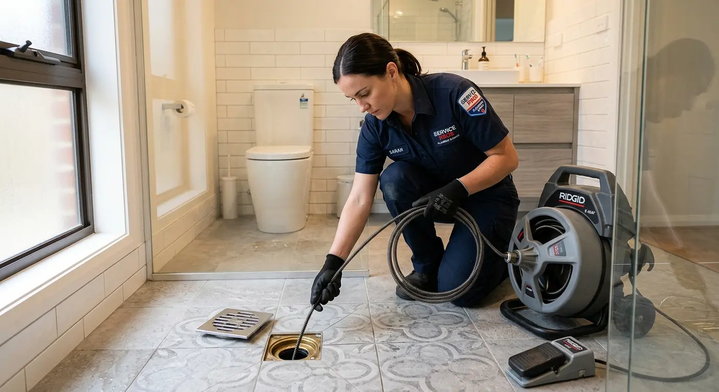 Technician clearing a bathroom floor drain for Hydro Jetting in Bartlett